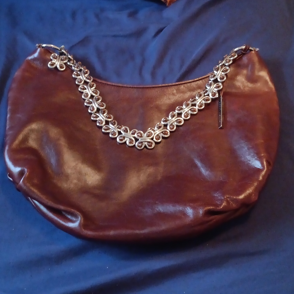 Brown Leather Hobo with Silver Butterfly Chain Accent Purse